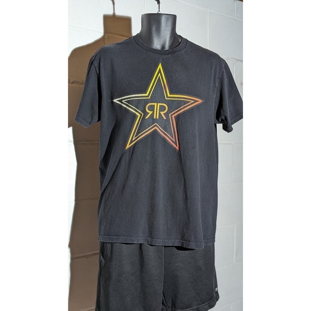 Fox Y2K Rockstar Energy Drink Black Graphic T Shirt Logo Star Cotton Tee Medium